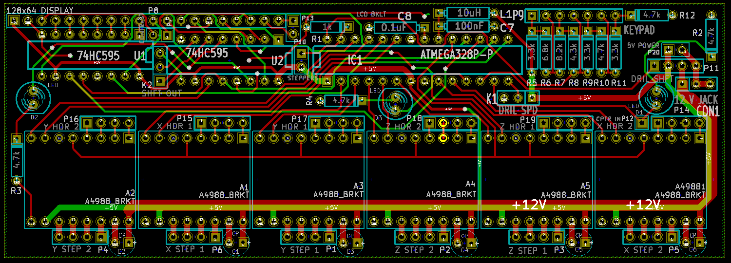 Version 3: Very efficient, but still messy (lots of long traces, several vias, etc). By using smaller traces, I was able to route wires through the space between pins.