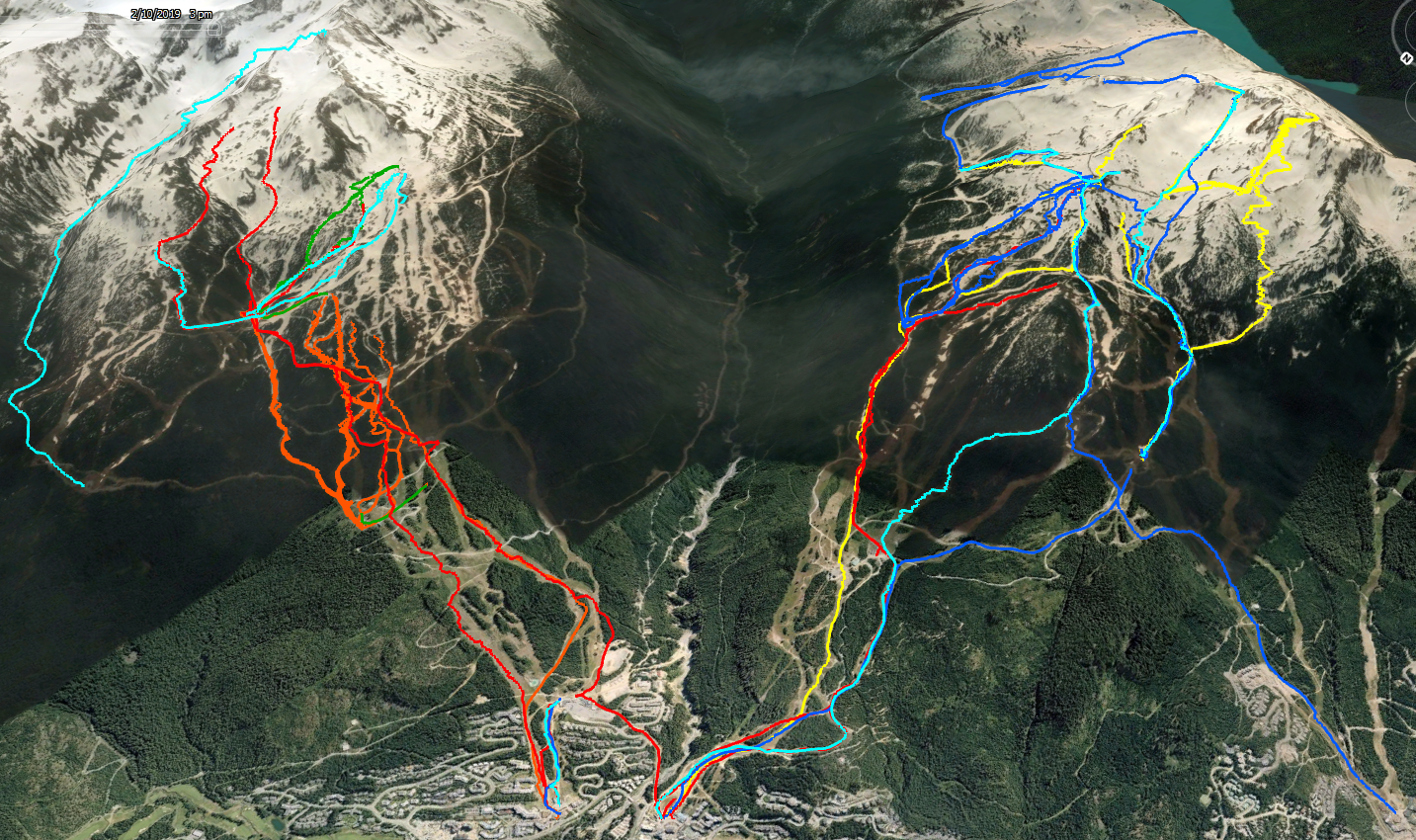 Ski runs overlaid on Google Earth from Whistler Blackcomb ski resort