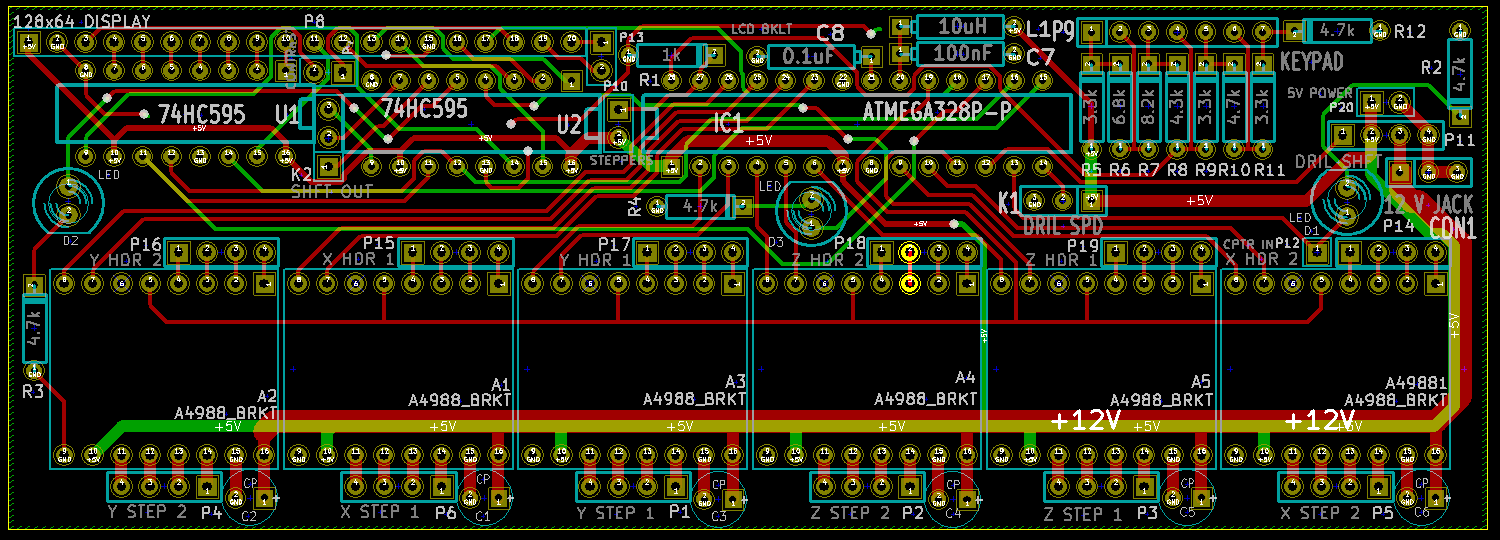 <b>Version 3:</b> Very efficient, but still messy (lots of long traces, several vias, etc).<br /> By using smaller traces, I was able to route wires through the space between pins.