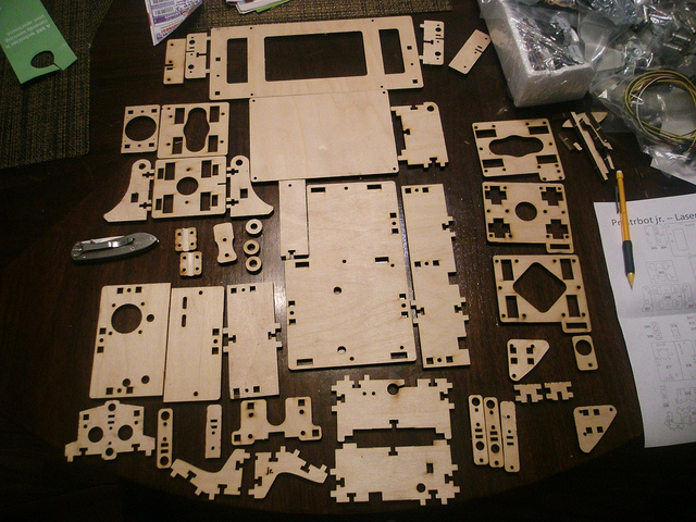 The wooden parts making up the Printrbot JR 3D printer