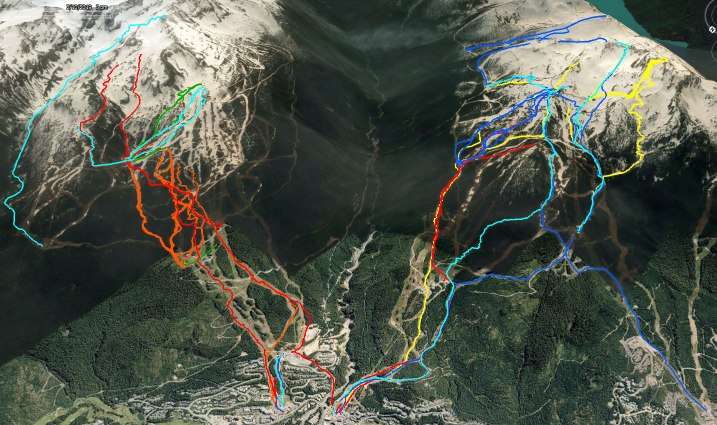 Ski runs overlaid on Google Earth from <a href="https://www.whistlerblackcomb.com/">Whistler Blackcomb</a> ski resort