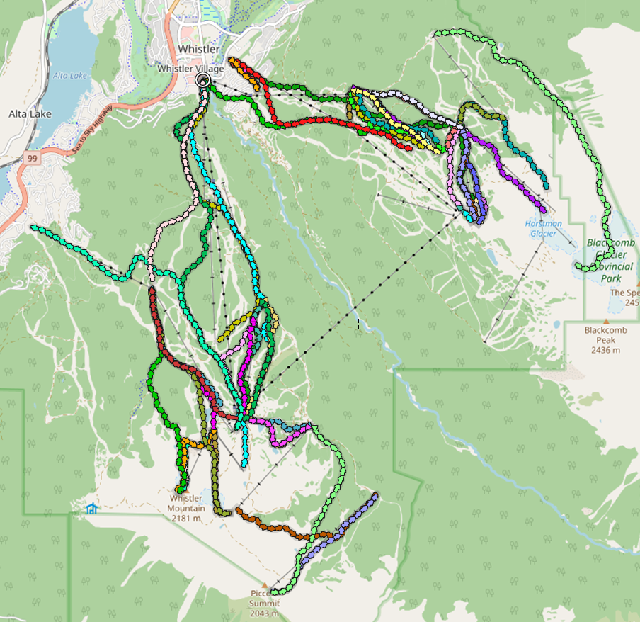 Ski runs in the GPS Track Editor application